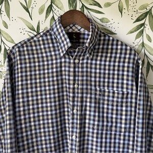 Tailorbyrd Plaid Button Down. Size medium. Purple/Gold Plaid.